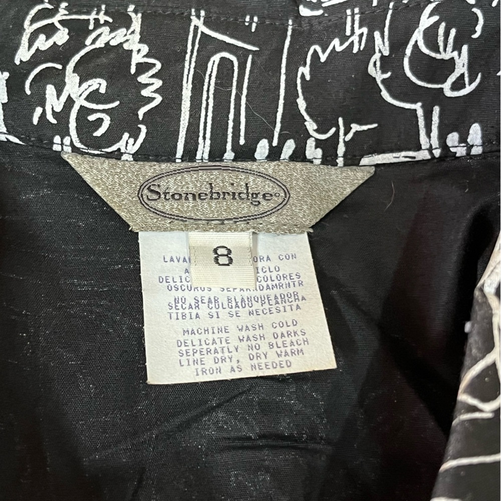 🇺🇸 Stonebridge Black White Scenic Print Blouse Size 8 3/4 Sleeve Resort Top - Picture 6 of 7